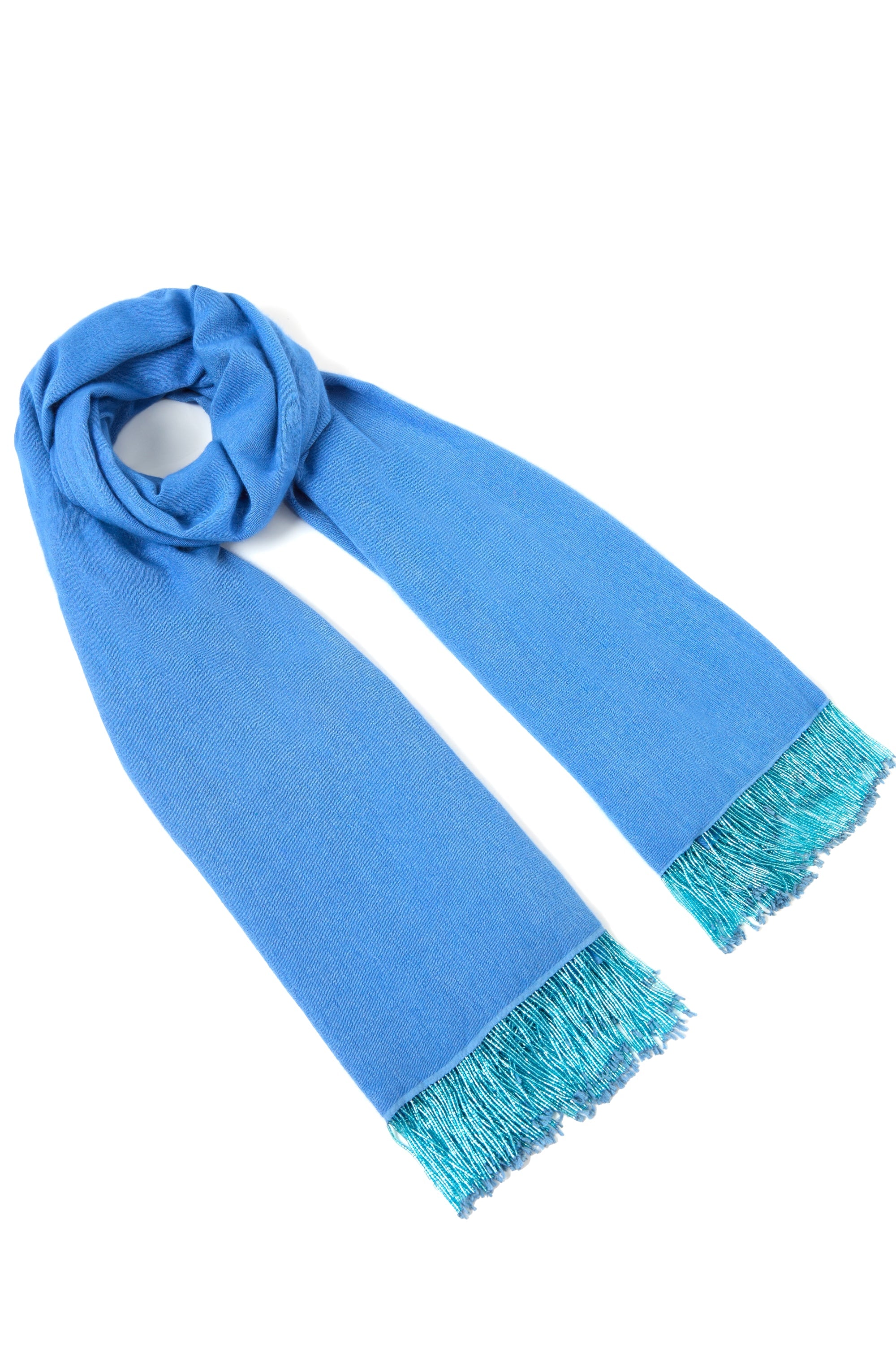 Bright Blue Pashmina Shawl with Beaded Tassels-0