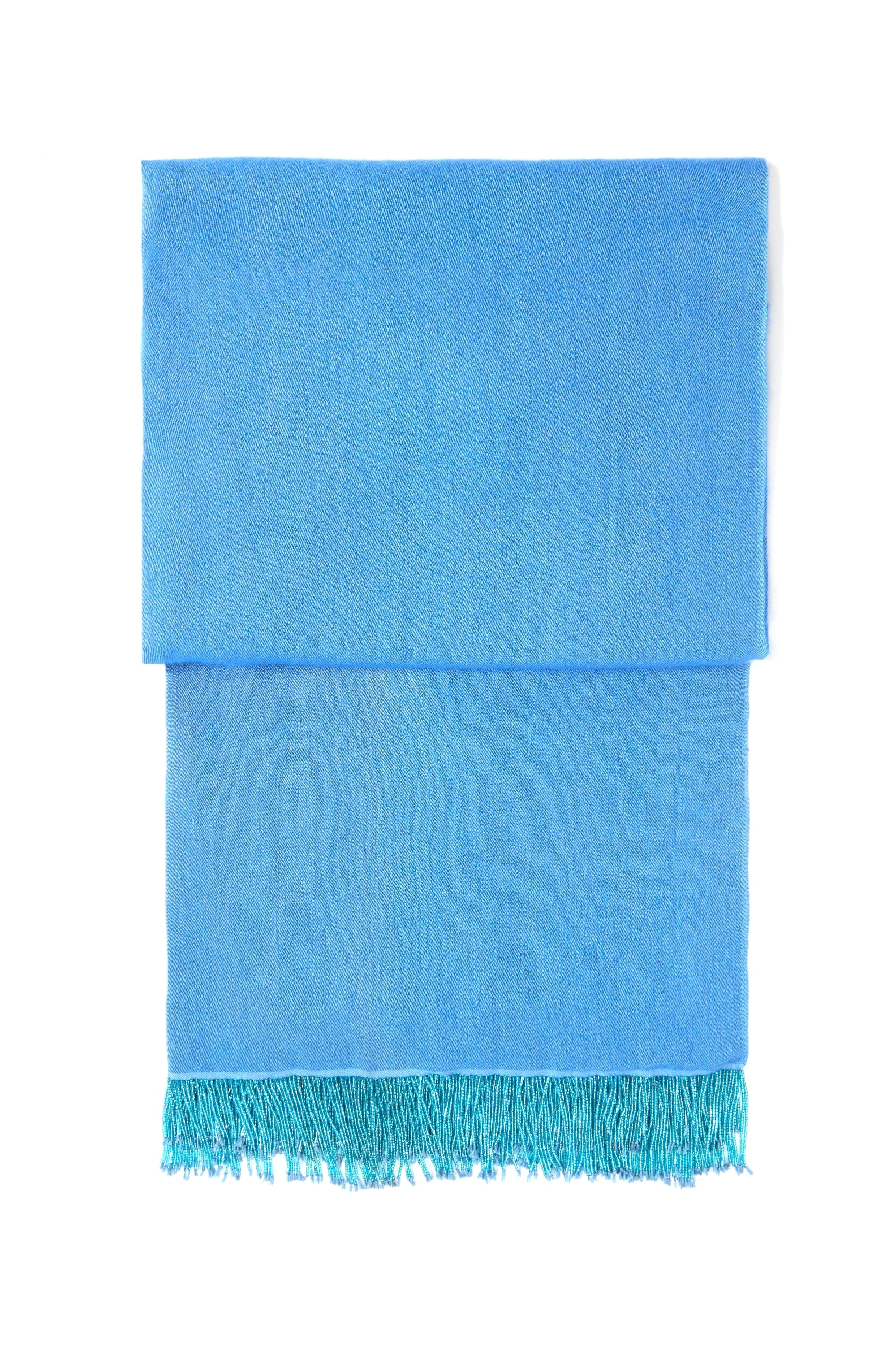 Bright Blue Pashmina Shawl with Beaded Tassels-1