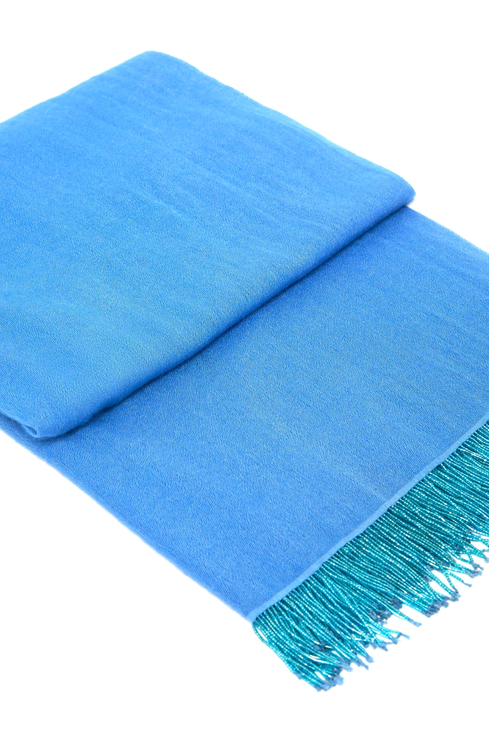 Bright Blue Pashmina Shawl with Beaded Tassels-3